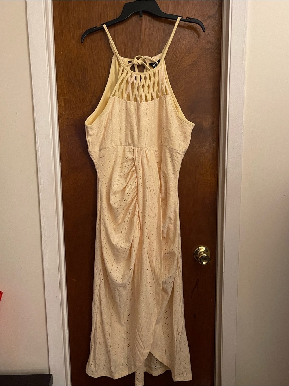 Chicme Sleeveless Yellow Eyelet Maxi Dress with Lattice Halter Back